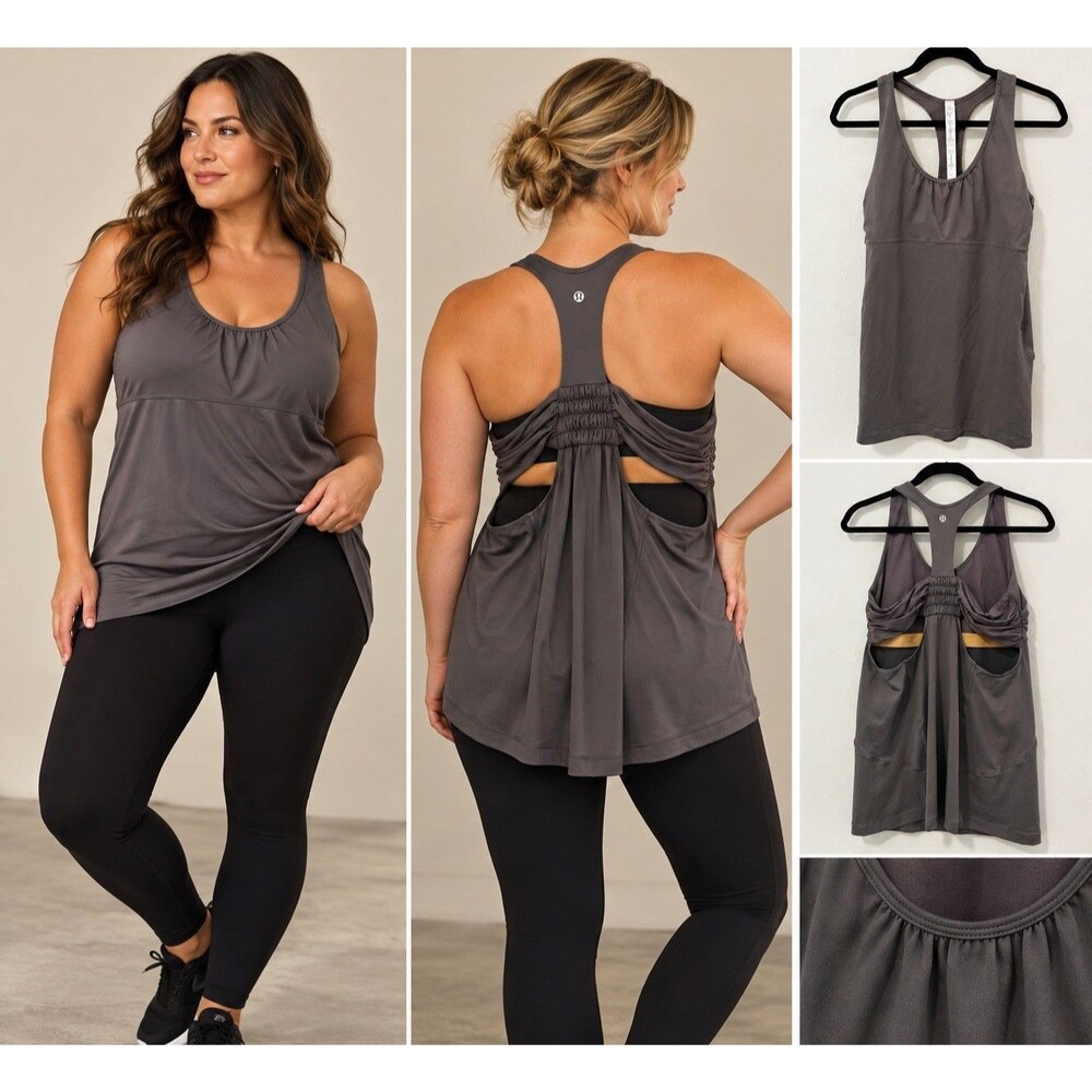Lululemon Turbo Tank Women’s Sz. 10 Gray Built in Bra Ruched Racerback Top sport